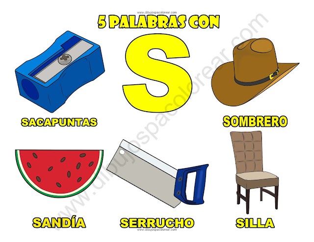 Cinco Palabras con la letra S dibujo a color y para colorear